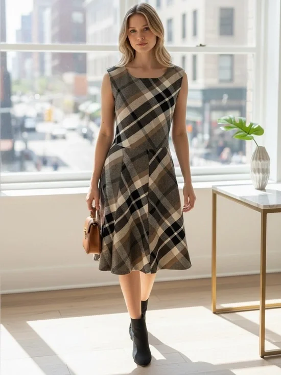 Burberry Sleeveless Plaid Midi Dress in Beige, Black and Brown - Picture 1 of 7